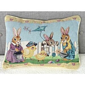 Vintage Tapestry Easter Pillow Rabbits Chicks Farm Scene Needlepoint Style Decor